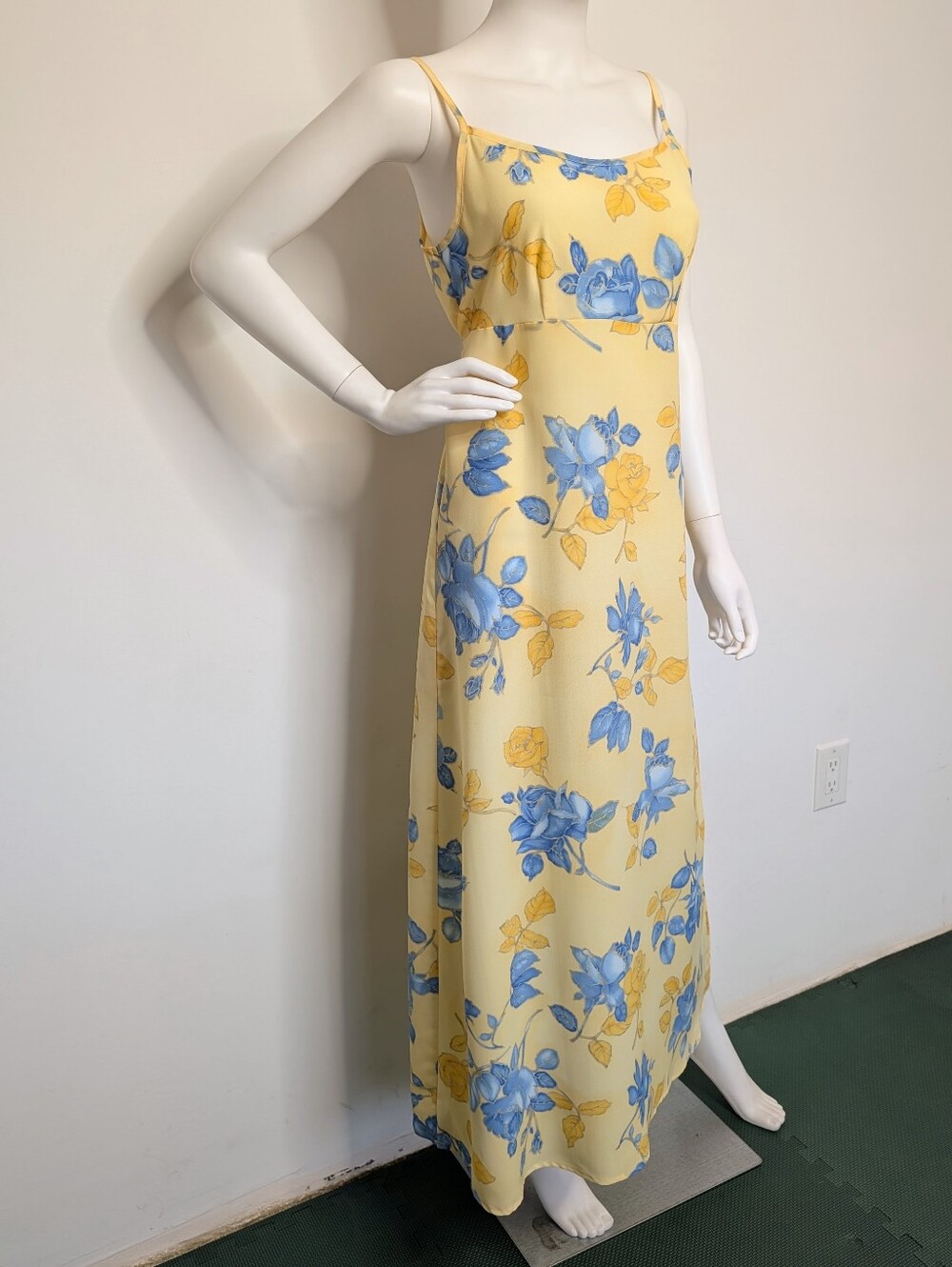 Y2K Yellow & Blue Floral Spaghetti Strap Empire Waist Semi Sheer Maxi Dress - Picture 3 of 13